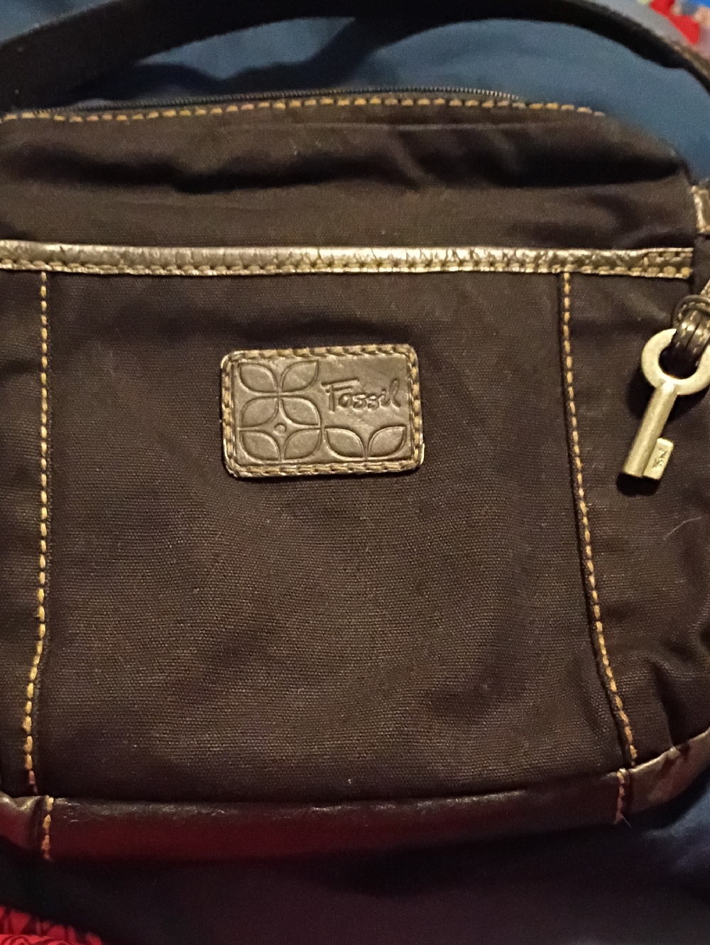 Fossil Black Nylon Crossbody with Brown Leather Trim